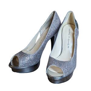 Marc Fisher glitter heels sparkly open toe silver size 8